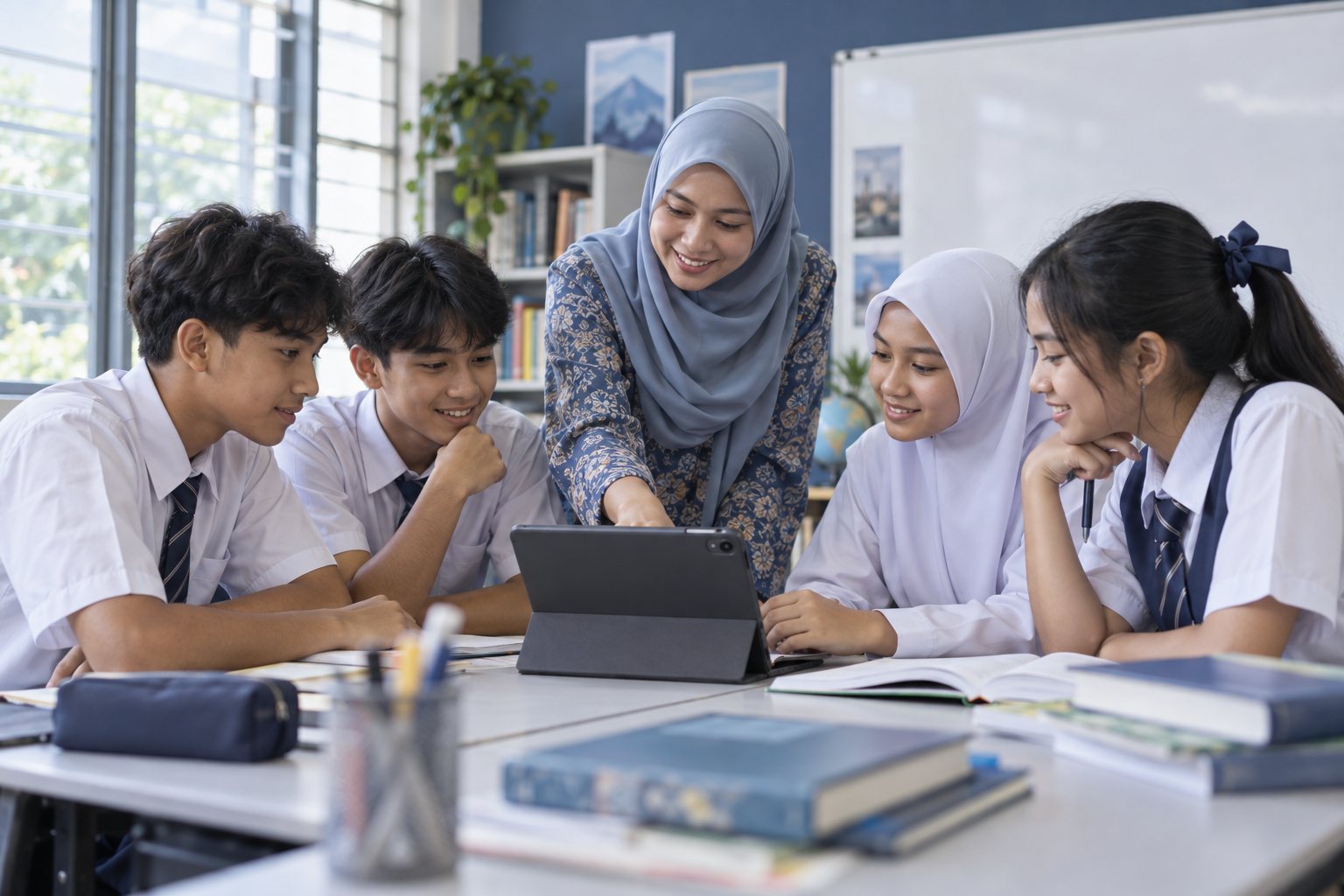 Teacher and secondary students collaborating around a tablet in a bright classroom