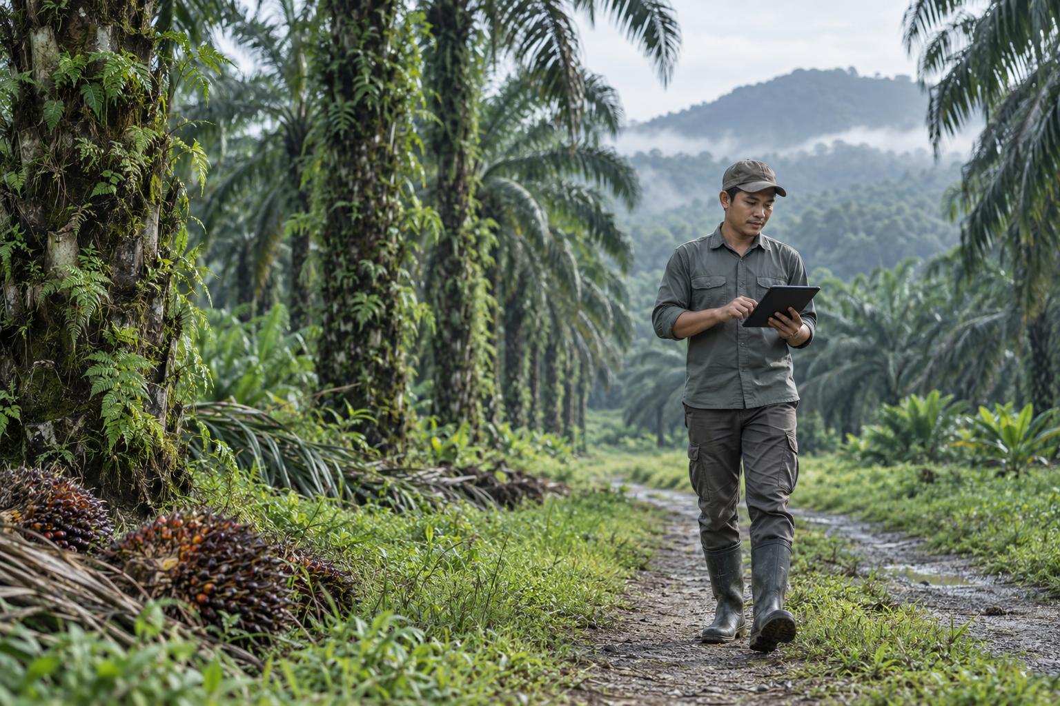 Field supervisor checking a tablet while walking through a Malaysian oil palm plantation